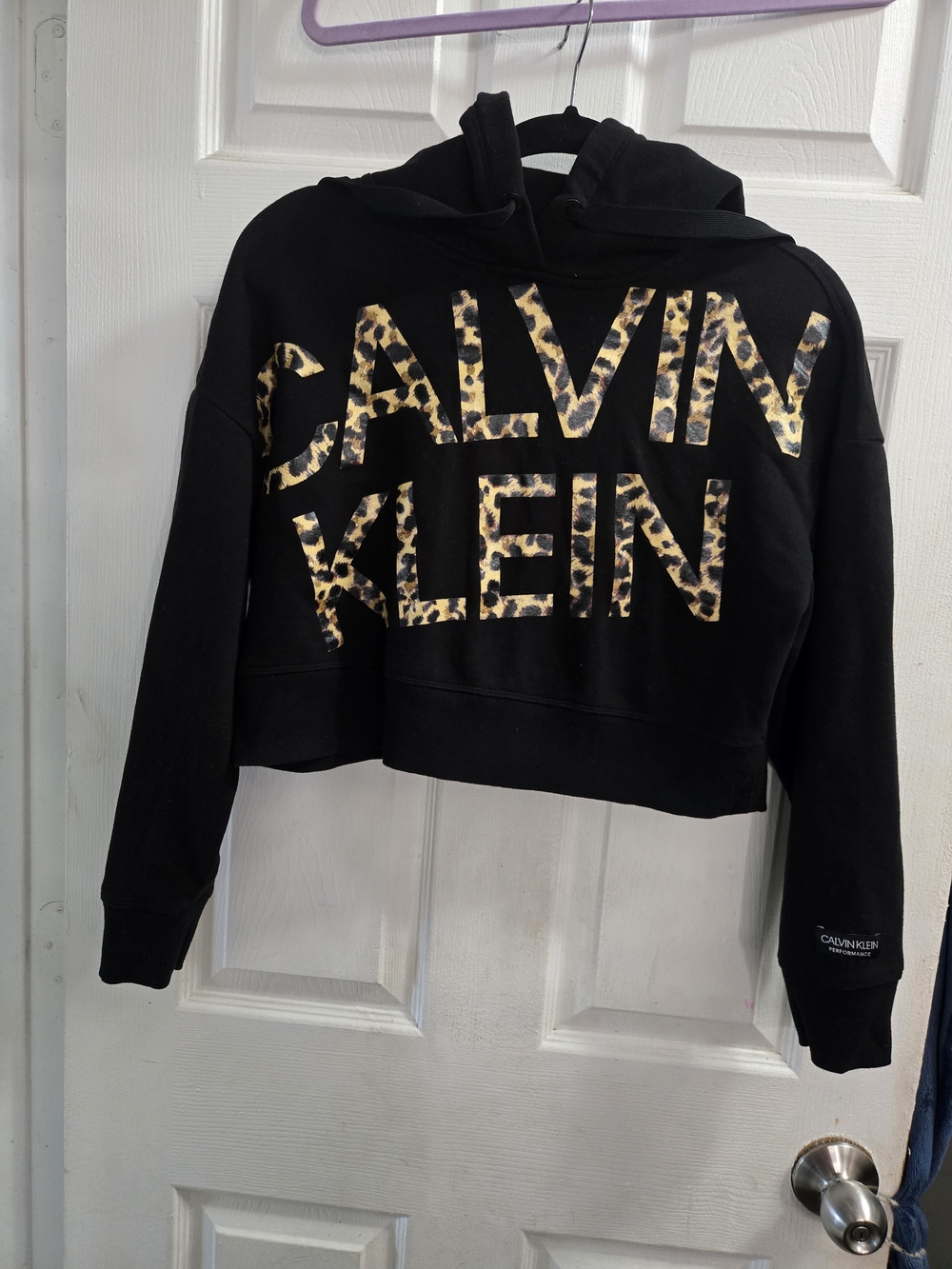 Calvin Klein Black Cropped Hoodie with Leopard Logo